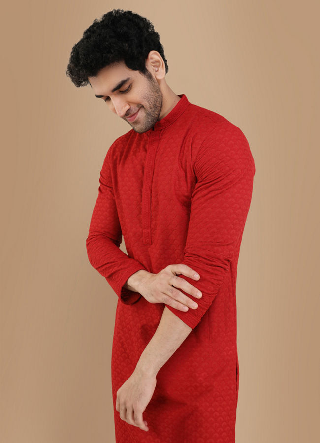 Red Chikankari Kurta Set image number 0